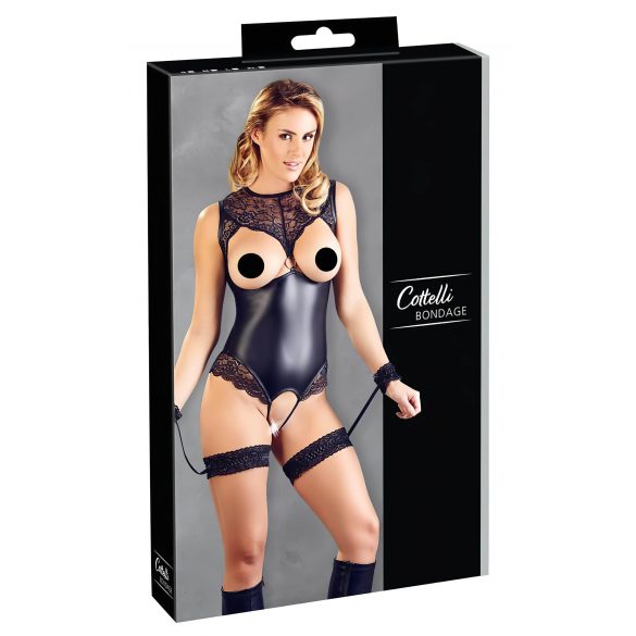 Cottelli Bondage - lesklé otvorené body s putami na ruky (čierne) - M