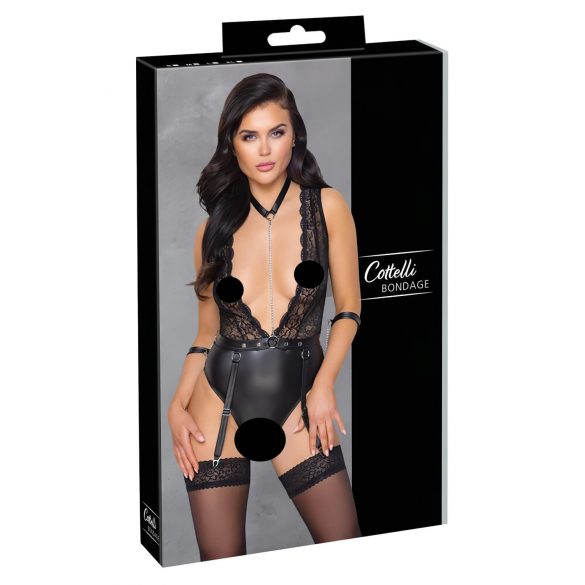 Cottelli Bondage - čipkované body s nákrčníkom (čierne) - M