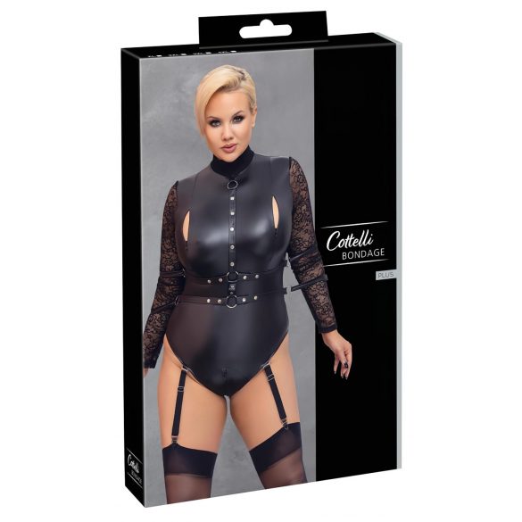 Cottelli Bondage Plus Size - body s čipkovanými rukávmi (čierny) - 2XL