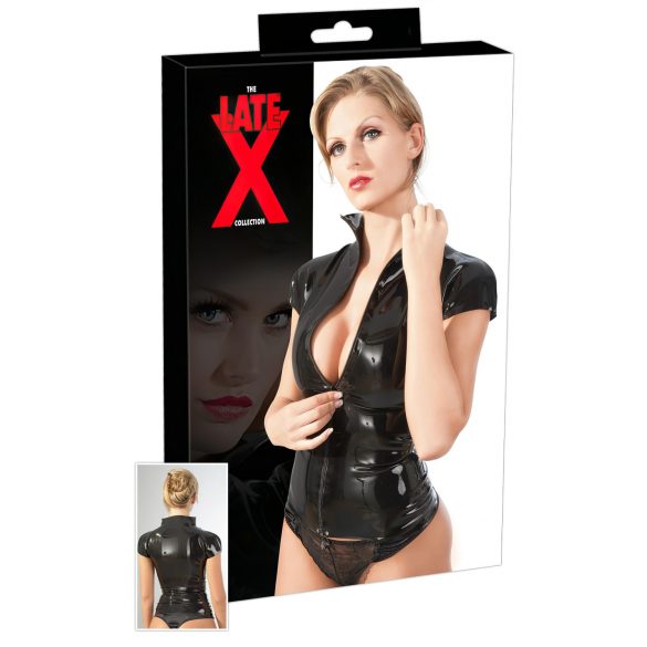 Latexová blúzka s krátkym rukávom, čierna – zips sexy štýl - XL